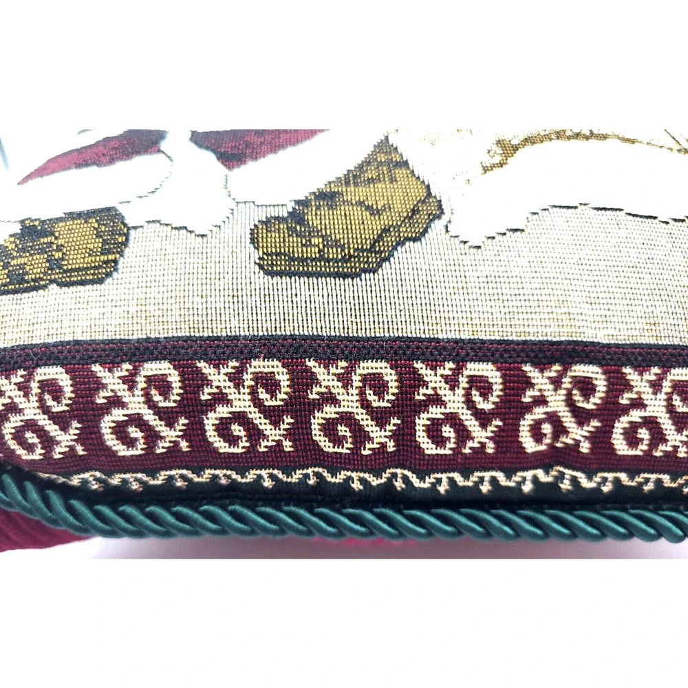 Vintage Christmas Santa Tapestry Decor Pillow Corduroy Back Red & Green Tassels